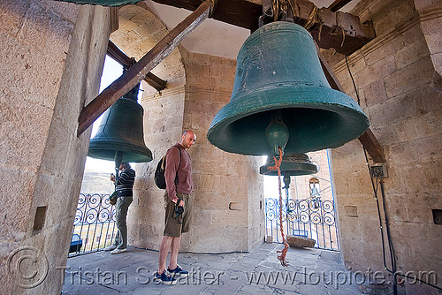 large bells - potosi cathedral (bolivia), bells, belltower, bolivia, brass, campanil, catedral de potosí, cathedral, church tower, emiliano, graciela, man