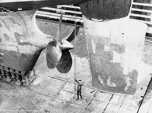 large ship propeller - dry dock, bap, batiment atelier polyvalent, boat propeller, dry dock, french navy, man, marine nationale française, rudder, ship propeller, sri lanka