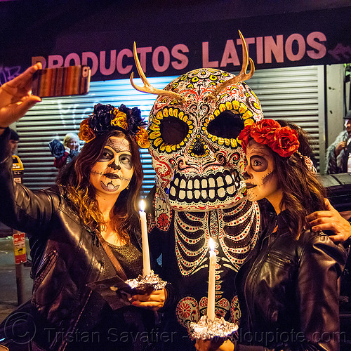 large sugar skull mask with antlers - dia de los muertos, antlers, candles, cell phone, day of the dead, dia de los muertos, face painting, facepaint, flower headdress, halloween, mobile phone, night, productos latinos, selfie, sugar skull makeup, sugar skull mask, women