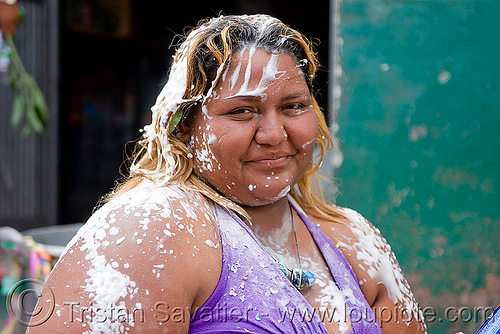 large woman covered with party foam - carnaval - carnival in jujuy capital (argentina), andean carnival, argentina, jujuy capital, large woman, noroeste argentino, party foam, san salvador de jujuy