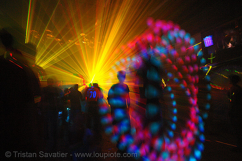laser show - lights and shadows in warehouse underground rave party, backlight, glowing, laser lightshow, laser show, lasers, led lights, night, nightclub, nightlife, rave lights, ravers, silhouettes