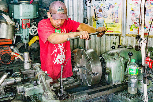 lathe machine tool in workshop (philippines), baguio, machine shop, machine tool, man, mechanical workshop, metal lathe, operator, worker, working