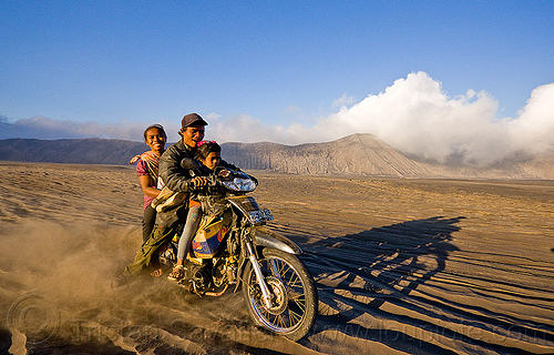 lautan pasir - sea of sand, children, family, kids, lautan pasir, man, motorcycle touring, rider, riding, ruts, sand, tengger caldera, underbone motorcycle, volcanic ash, woman