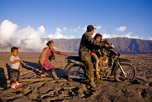 lautan pasir - sea of sand, boy, children, family, girl, kids, lautan pasir, man, motorcycle touring, rider, riding, ruts, sand, tengger caldera, underbone motorcycle, volcanic ash, woman