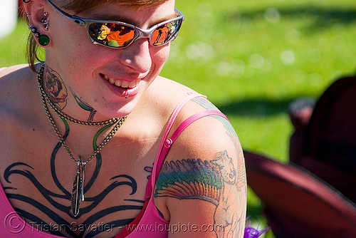 leah's body is covered with tattoos, chest tattoo, leah, piercing, sunglasses, tattooed, tattoos, woman