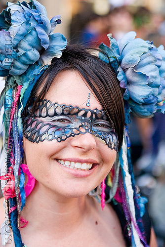 leather lace carnival mask, blue flowers, carnival mask, headdress, lace, leather, woman