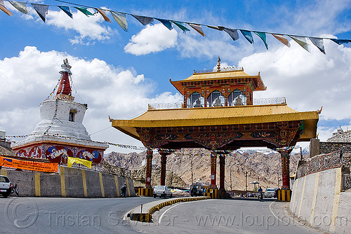 leh city gate - ladakh (india), buddhism, chorten, city gate, ladakh, leh, prayer flags, road, stupa, tibetan, लेह