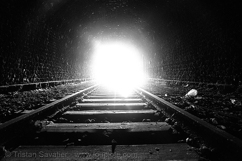 the light at the end of the tunnel, low key, paris, railroad tracks, railway tracks, railway tunnel, trespassing
