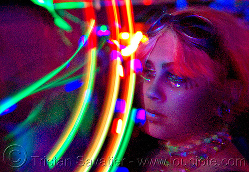 lightshow - young woman and moving led lights in rave party, emma, led lights, lightshow, night, photo lights, rave lights, raver, woman