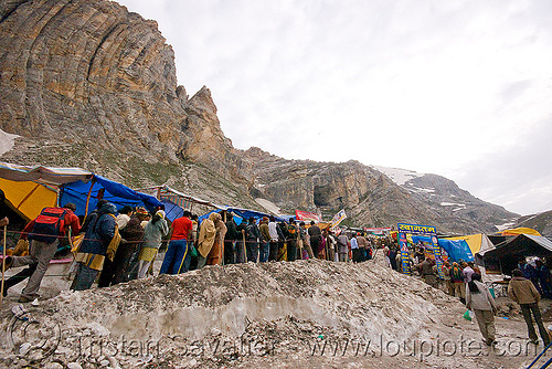 line of pilgrims heading for the cave - amarnath yatra (pilgrimage) - kashmir, amarnath yatra, crowd, hindu pilgrimage, kashmir, mountains, pilgrims, snow, trail