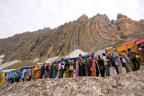 line of pilgrims heading for the cave - amarnath yatra (pilgrimage) - kashmir, amarnath yatra, crowd, hiking, hindu pilgrimage, kashmir, line, mountains, pilgrims, snow, trail, trekking