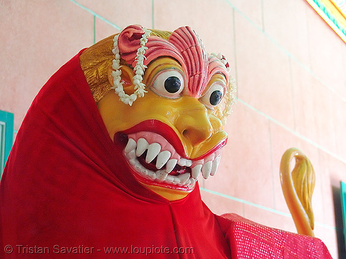 lion god sculpture - kho me deity - temple (saigon) - vietnam, khmer krom, kho-me, lion god, offerings, statue