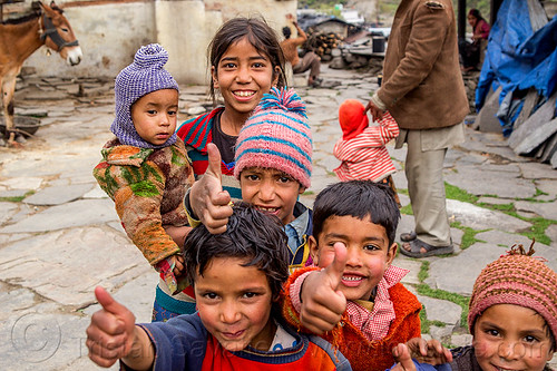 little kids giving the thumbs-up in himalayan village (india), baby, boys, children, janki chatti, kids, knit cap, little girl, toddler, village