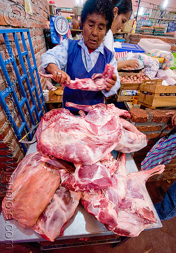 llama meat - butcher, argentina, butcher, llama meat, meat market, meat shop, noroeste argentino, quebrada de humahuaca, raw meat, tilcara, woman