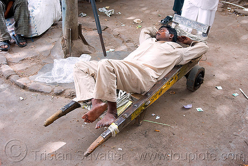 load bearer sleeping - delhi (india), bare feet, barefoot, load bearer, man, napping, resting, sleeping, wallah