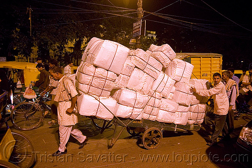 load bearer wallahs carrying heavy load of freight - delhi (india), delhi, freight, load bearer, men, night, wallah