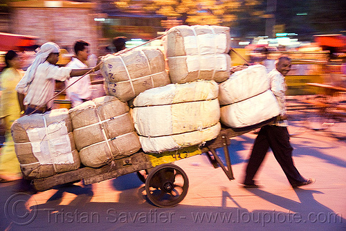 load bearer wallahs with heavy load of freight - delhi (india), delhi, freight, heavy, load bearers, men, night, wallahs