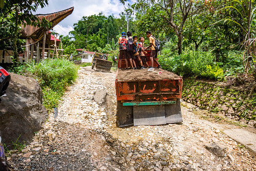 local school bus is a truck, boys, child, childen, dirt road, kids, school bus, tana toraja, truck