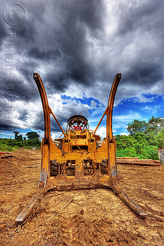 logging forks on wheel loader (borneo), at work, borneo, cat 966c, caterpillar 966c, clouds, cloudy sky, deforestation, environment, front loader, logging camp, logging forks, malaysia, wheel loader, working, yellow