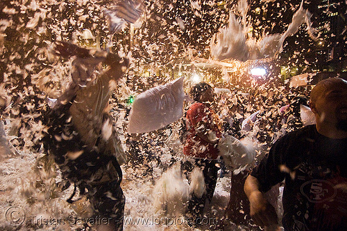 lots of feathers flying at the great san francisco pillow fight 2009, down feathers, feather down, night, pillows, world pillow fight day