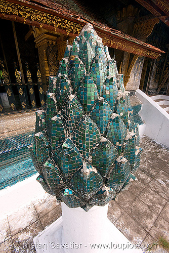 lotus flower mosaic sculpture in temple - luang prabang (laos), buddhism, buddhist temple, lotus flower, luang prabang, mosaic, sculpture