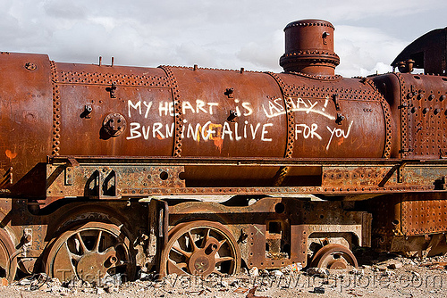 love graffiti on steam locomotive - train cemetery - uyuni (bolivia), ashay, bolivia, enfe, fca, love graffiti, railroad, railway, rusty, scrapyard, steam engine, steam locomotive, steam train engine, train cemetery, train graveyard, train junkyard, uyuni