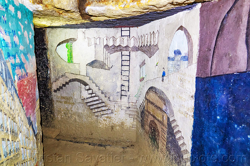 m.c. escher stairs - fresques de baptême des promotions de l'école des mines de paris - catacombes de paris - catacombs of paris (off-limit area), cave, clandestines, ecole des mines, illegal, m.c. escher, mural, painting, street art, trespassing, underground quarry