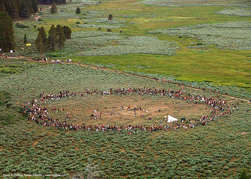 main-circle-supper - rainbow gathering - hippie, aerial photo, hippie, main circle