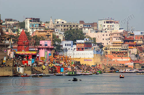 main ghat of varanasi (india), buildings, fire puja, ganga, ganges river, ghats, houses, main ghat, river bank, river boats, rowing boats, small boats, varanasi