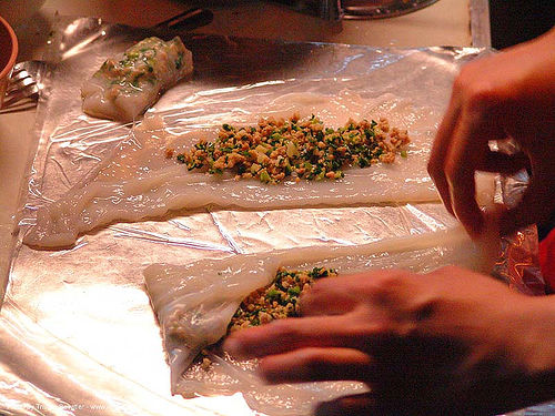 making vietnamese spring rolls, cooking, food, spring rolls, street seller, thailand, vietnamese rolls