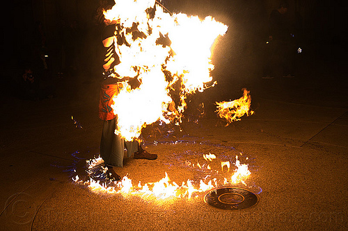 man in circle of fire, burning, fire dancer, fire dancing, fire performer, fire spinning, man, night