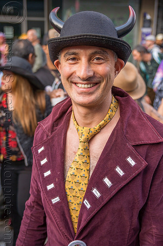 man in shirtless costume - yellow tie - bowler hat - how weird street faire (san francisco), bowler hat, costume, man, yellow tie