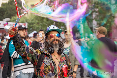 man making giant soap bubbles - how weird street faire (san francisco), beard, giant soap bubble, iridescent, man, sunglasses