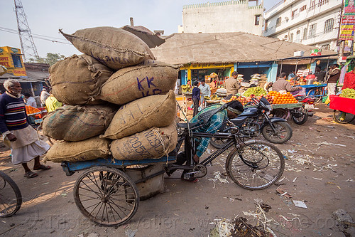 man pushing cargo tricycle with heavy load (india), bags, cargo tricycle, cargo trike, freight tricycle, freight trike, heavy, load bearer, man, moving, sacks, street market, transport, transportation, transporting, varanasi, walking, wallah