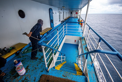 man repainting rusted ferry deck, boat, deck, dharma ferry, exterior, ferryboat, man, painting, ship