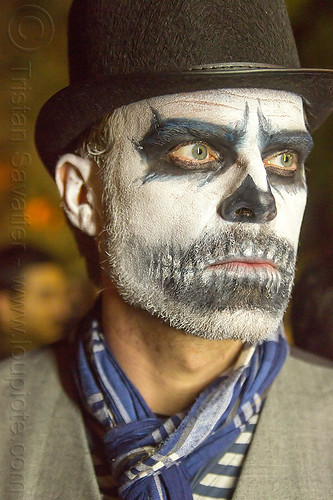 man with dramatic skull makeup, beard, black hat, day of the dead, dia de los muertos, face painting, facepaint, halloween, man, night, scarf, skull makeup