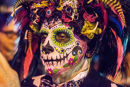 man with elaborate sugar skull makeup and headdress - dia de los muertos (san francisco), day of the dead, dia de los muertos, face painting, facepaint, halloween, man, night, sugar skull makeup
