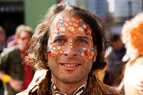 man with face covered with bindis - how weird street fair (san francisco), bindis, cosmo, guy, jewelry, man