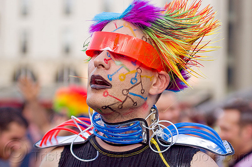 man with futuristic costume, colorful, costume, futuristic, gay pride, man, paris, visor