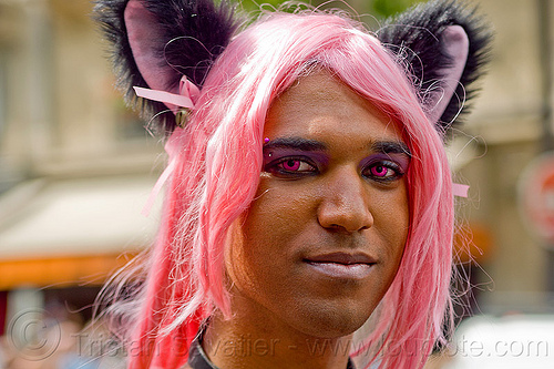 man with pink wig and pink contact lenses, color contact lenses, ears headband, gay pride, man, paris, pink contact lenses, pink contacts, pink hair, pink wig, special effects contact lenses, theatrical contact lenses