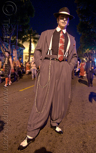 man with suit, hat, watch chain and skull makeup - dia de los muertos - halloween (san francisco), day of the dead, dia de los muertos, face painting, facepaint, halloween, hat, makeup, man, necktie, night, suit, vatra, watch chain