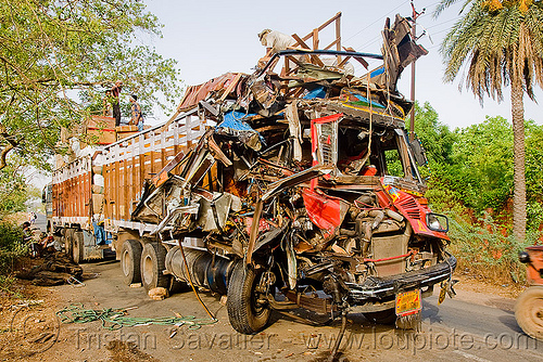 mangled truck after head-on collision - truck accident (india), cabin, crushed, deadly, fatal, frontal collision, head-on collision, lorry accident, road crash, tata motors, traffic accident, traffic crash, truck accident, wreck