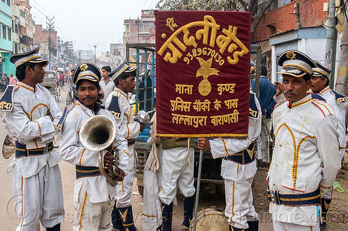 marching band (india), caps, drum, india, instruments, marching band, men, music, sax horn, standing, uniform, varanasi