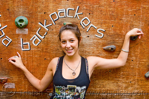 mariel on the climbing wall, argentina, backpackers, climbing wall, cordoba capital, córdoba capital, hostel, mariel, noroeste argentino, rock wall, woman