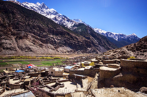 marpha village - rooftops - valley (nepal), annapurnas, houses, kali gandaki valley, marpha, mountains, nilgiri, peak, snow, village