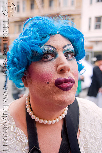 maximum m with blue wig and drag makeup - brides of march (san francisco), blue hair, blue wig, bride, brides of march, man, maximum m, wedding, white