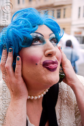 maximum m with blue wig and drag makeup - brides of march (san francisco), blue hair, blue wig, bride, brides of march, man, maximum m, wedding, white