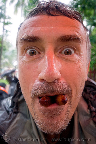 me eating big live insect larvas (laos), alive, edible bugs, edible insects, entomophagy, food, larva, larvae, live, luang prabang, man, self portrait, selfie