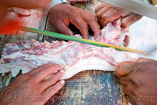 meat - preparing the asado (argentina), argentina, asado, butchers, cutting, hack saw, hands, iruya, noroeste argentino, pork, quebrada de humahuaca, raw meat, ribs