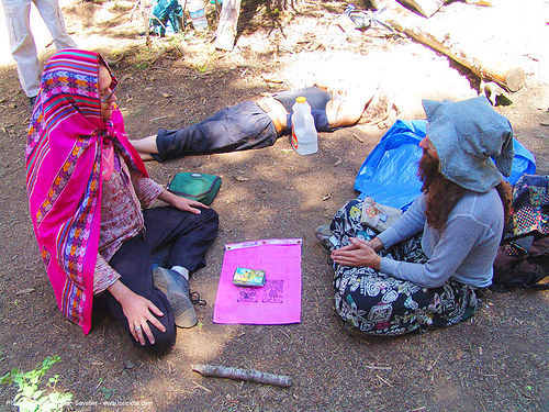 meditating - rainbow gathering - hippie, hats, hippie, meditation, men